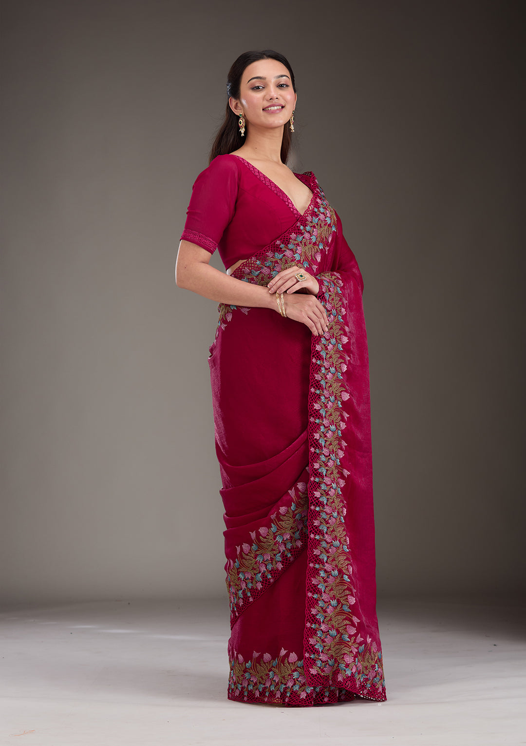 Red Tissue Cutwork Saree With Matching Blouse Piece