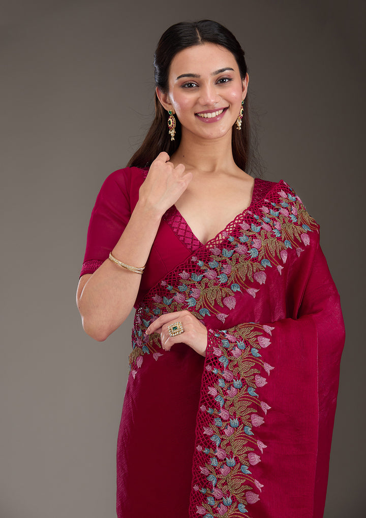 Red Tissue Cutwork Saree With Matching Blouse Piece