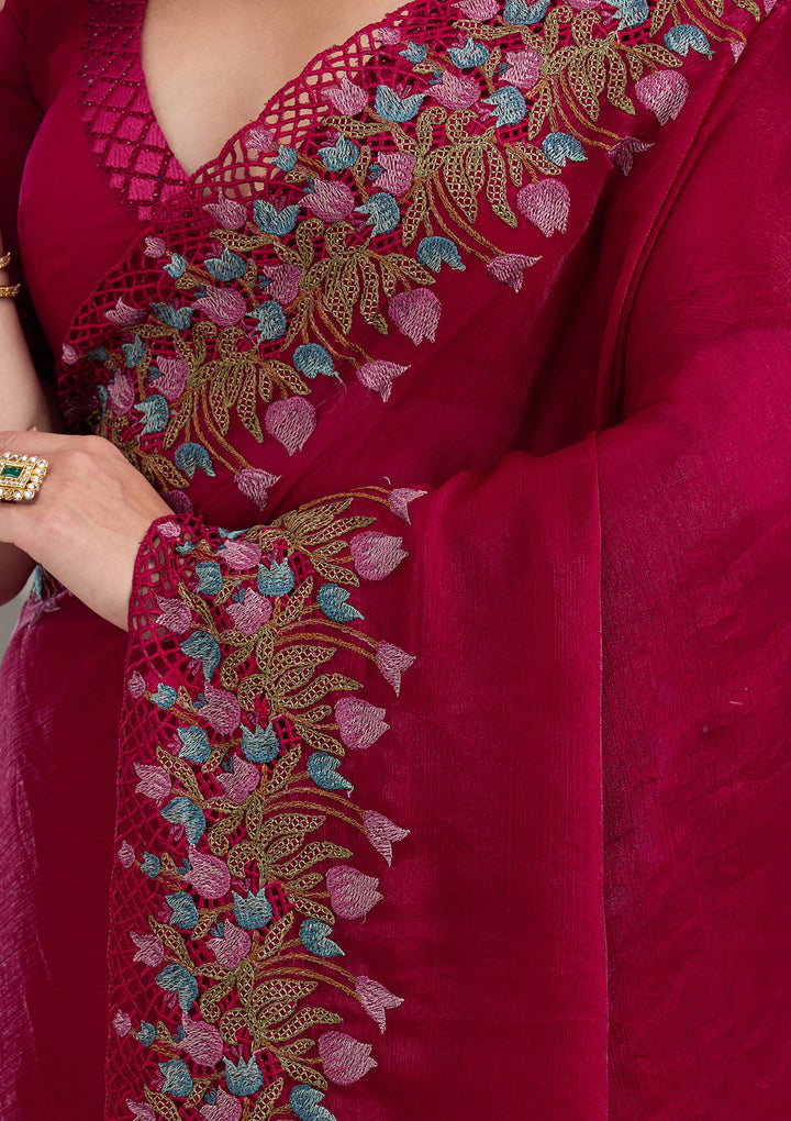 Red Tissue Cutwork Saree With Matching Blouse Piece