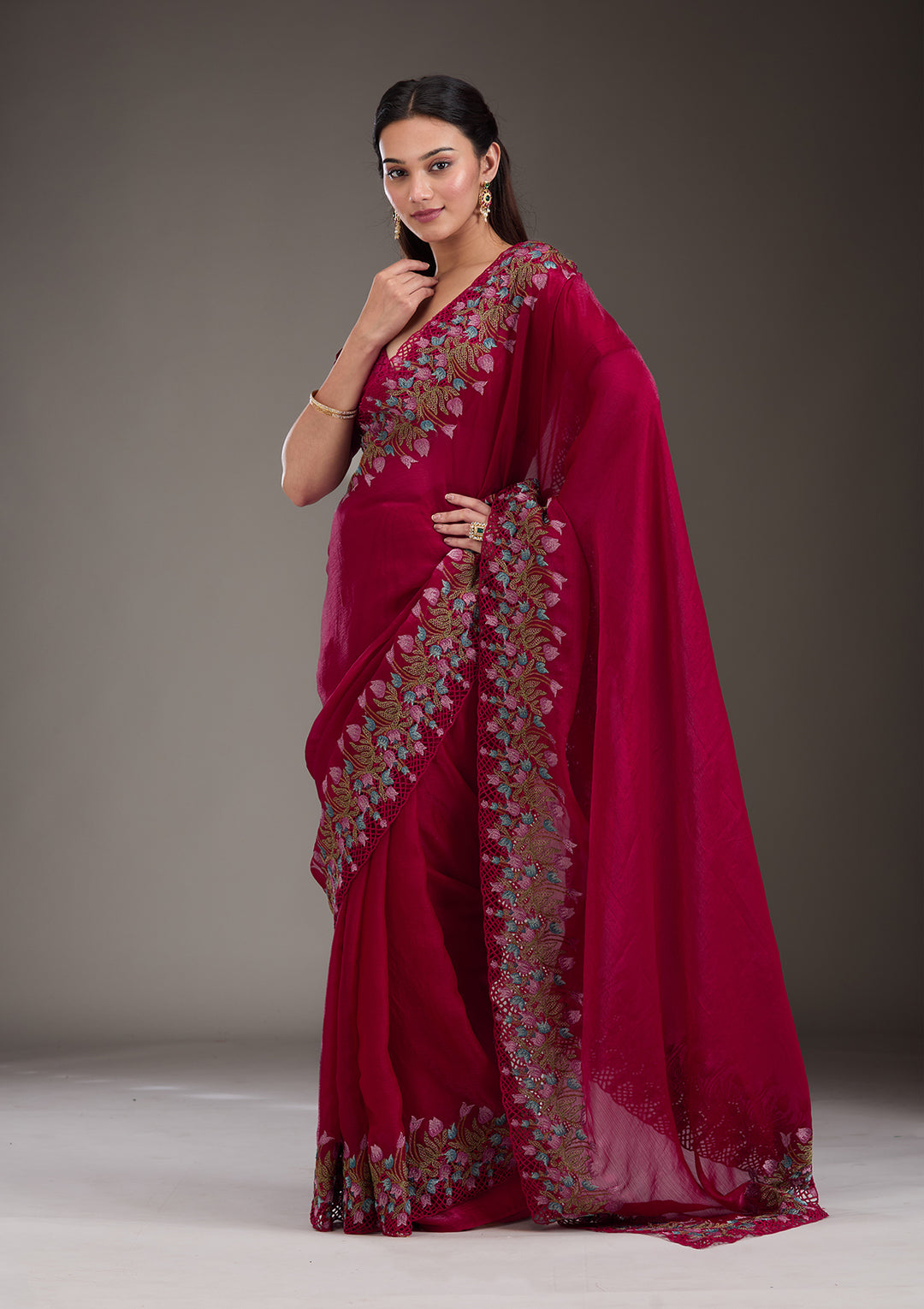 Red Tissue Cutwork Saree With Matching Blouse Piece