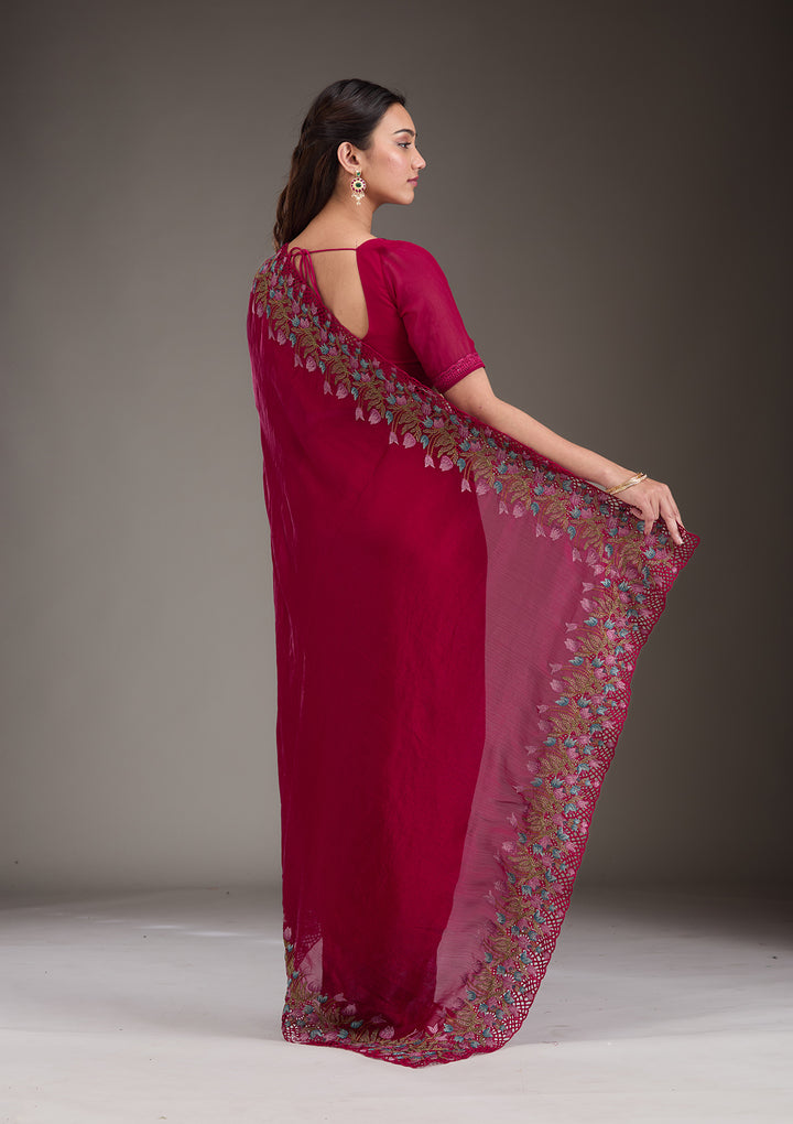 Red Tissue Cutwork Saree With Matching Blouse Piece