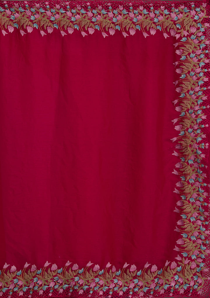 Red Tissue Cutwork Saree With Matching Blouse Piece