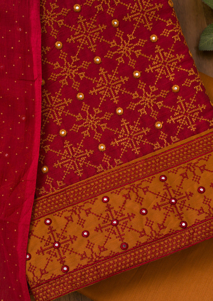 Red Chanderi Threadwork Unstitched Dress Material With Matching Bottom And Dupatta