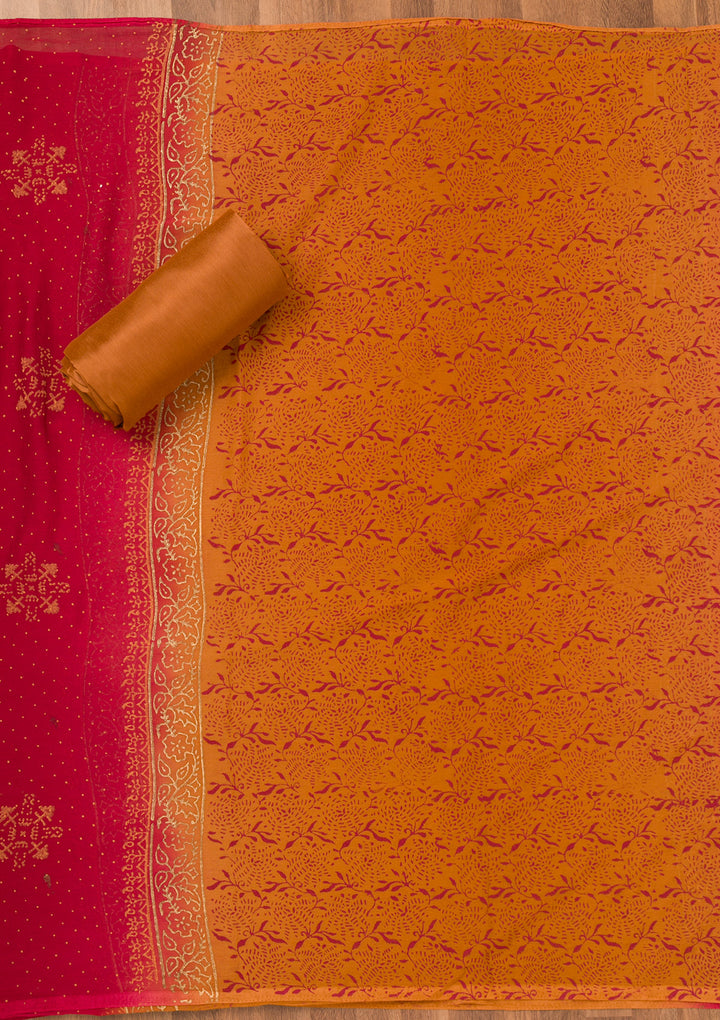 Red Chanderi Threadwork Unstitched Dress Material With Matching Bottom And Dupatta