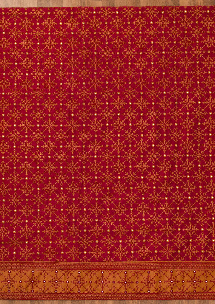 Red Chanderi Threadwork Unstitched Dress Material With Matching Bottom And Dupatta