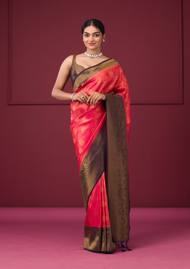 Red Silk Buti Gold Zariwork Saree With Matching Blouse Piece
