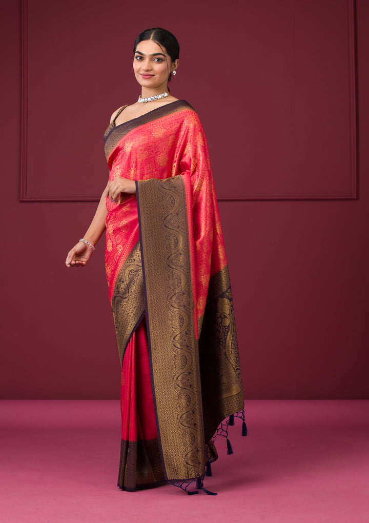 Red Silk Buti Gold Zariwork Saree With Matching Blouse Piece