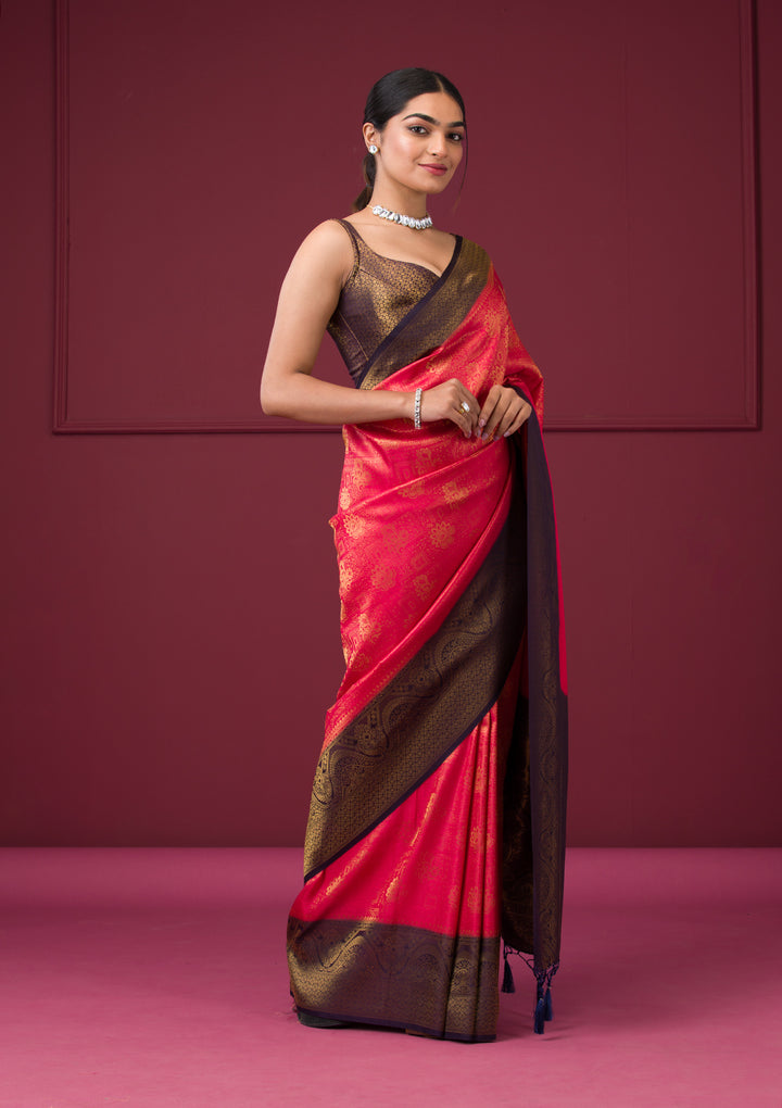 Red Silk Buti Gold Zariwork Saree With Matching Blouse Piece