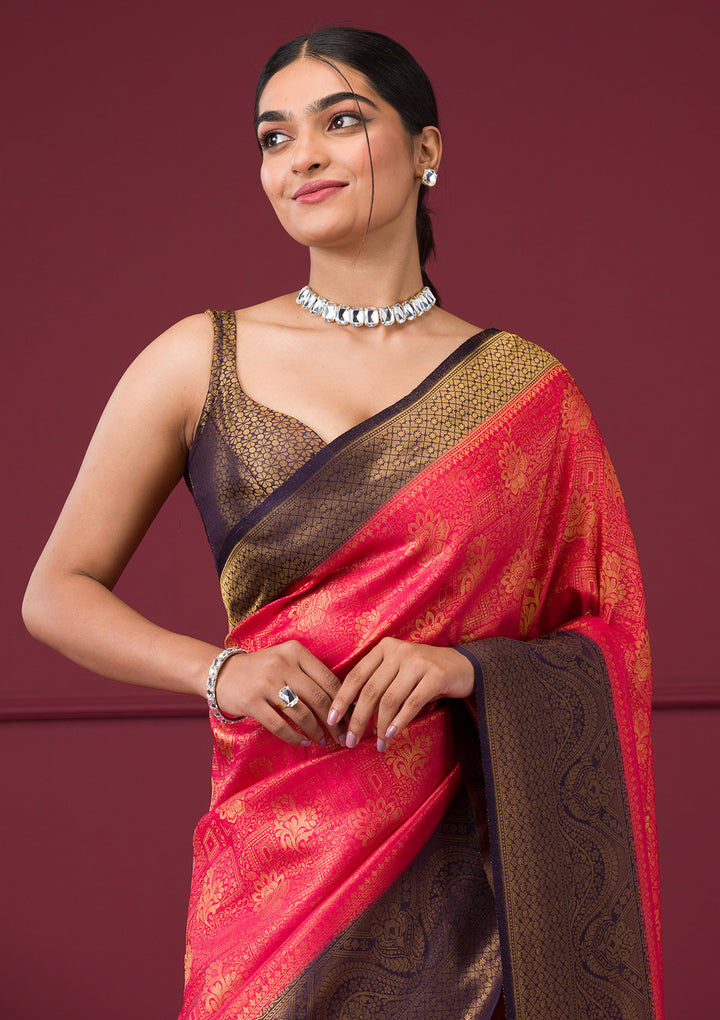 Red Silk Buti Gold Zariwork Saree With Matching Blouse Piece