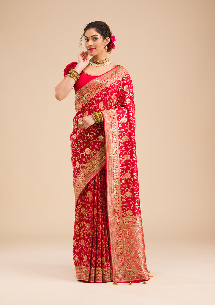 Red Silk Jaal Cutdana Saree With Matching Blouse Piece
