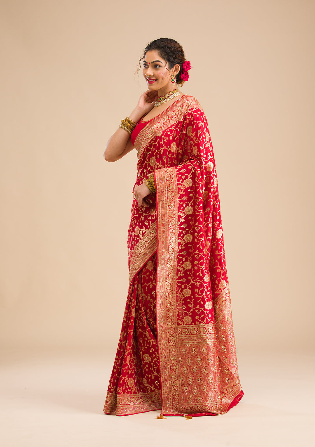 Red Silk Jaal Cutdana Saree With Matching Blouse Piece
