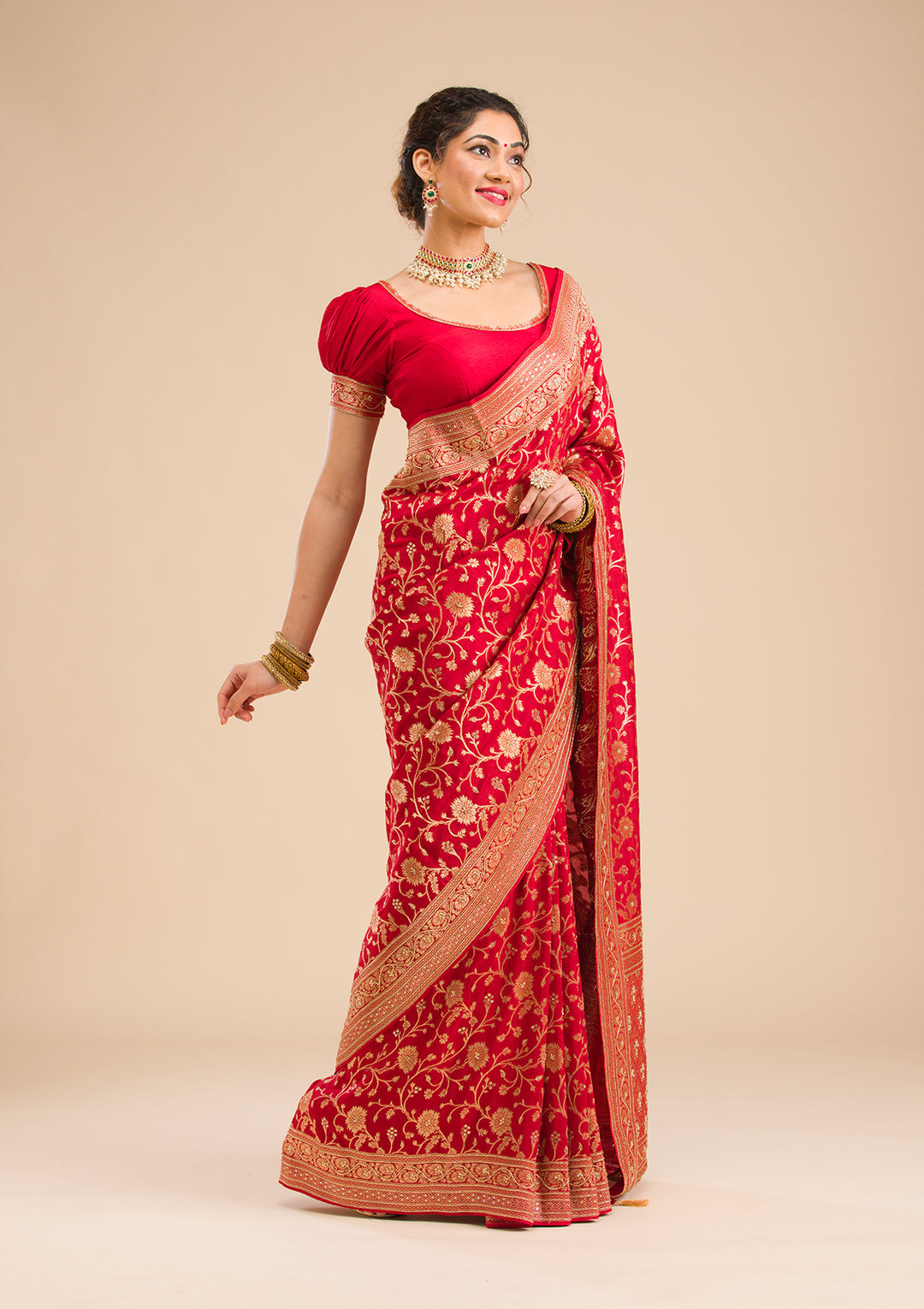 Red Silk Jaal Cutdana Saree With Matching Blouse Piece