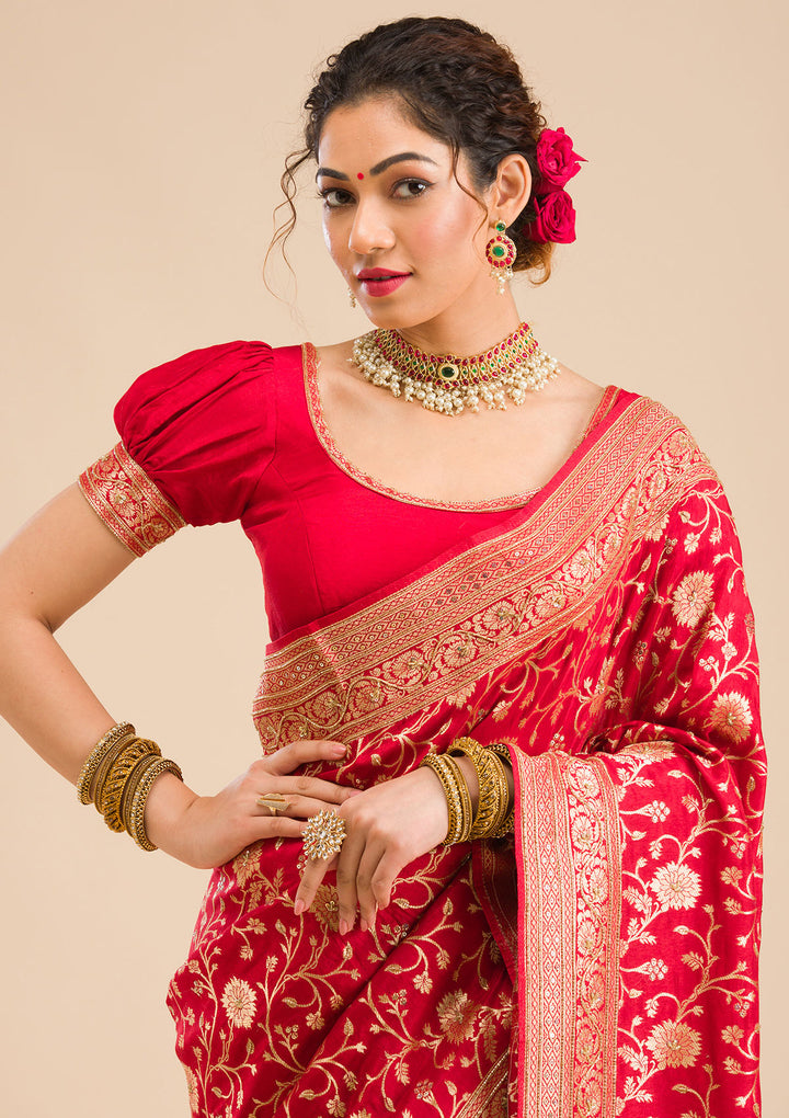 Red Silk Jaal Cutdana Saree With Matching Blouse Piece