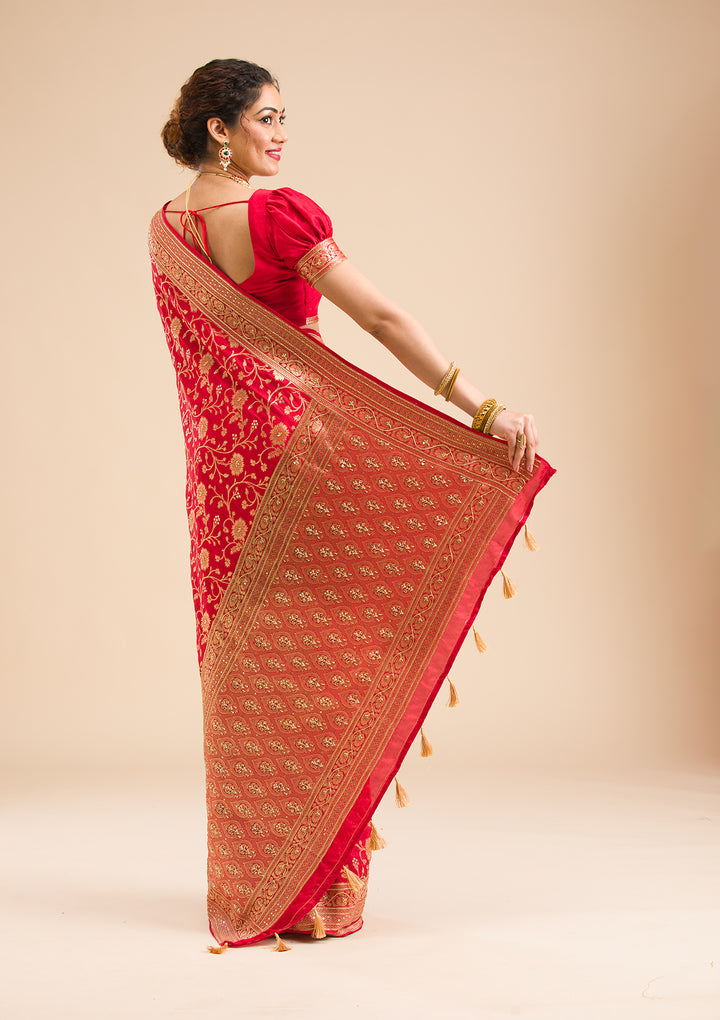 Red Silk Jaal Cutdana Saree With Matching Blouse Piece