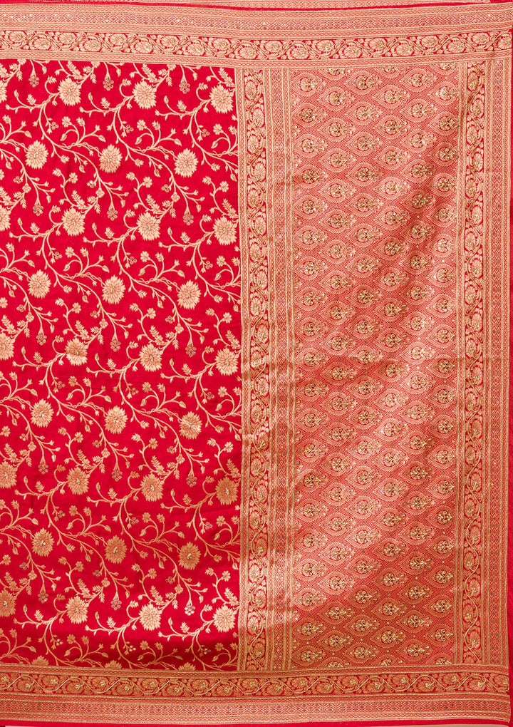 Red Silk Jaal Cutdana Saree With Matching Blouse Piece