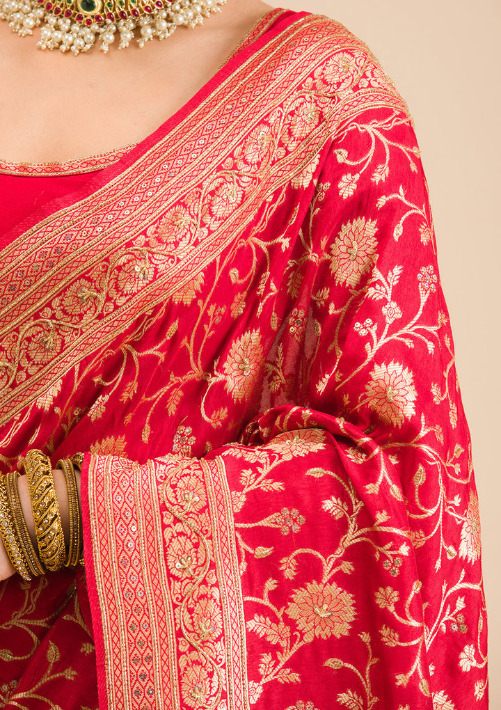 Red Silk Jaal Cutdana Saree With Matching Blouse Piece