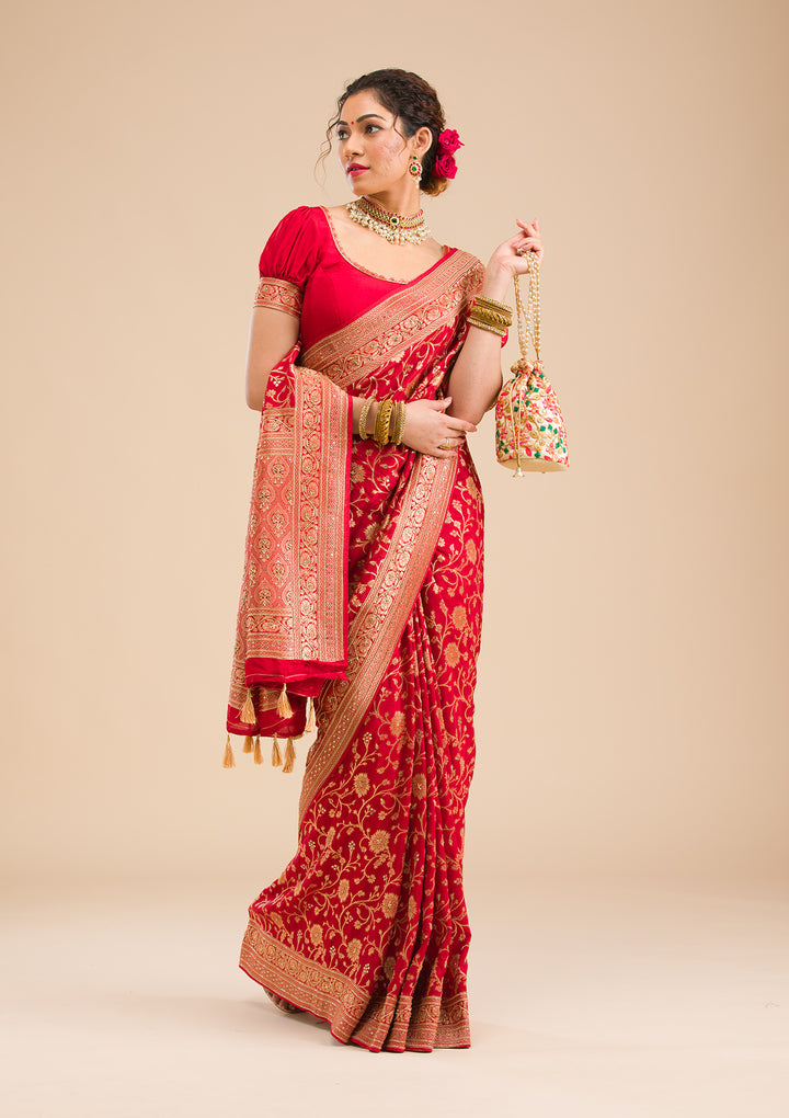 Red Silk Jaal Cutdana Saree With Matching Blouse Piece
