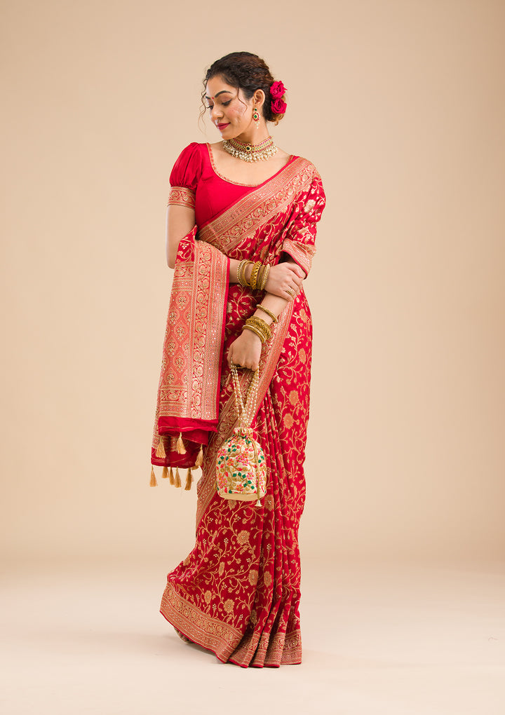 Red Silk Jaal Cutdana Saree With Matching Blouse Piece