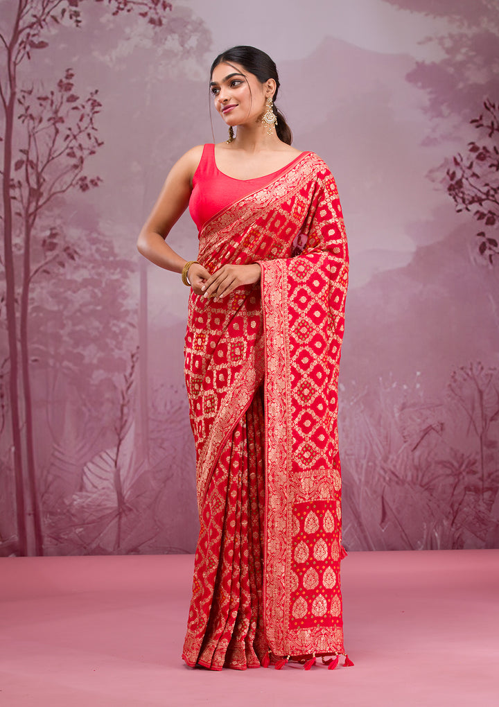 Red Silk Checks Gold Zariwork Saree With Matching Blouse Piece