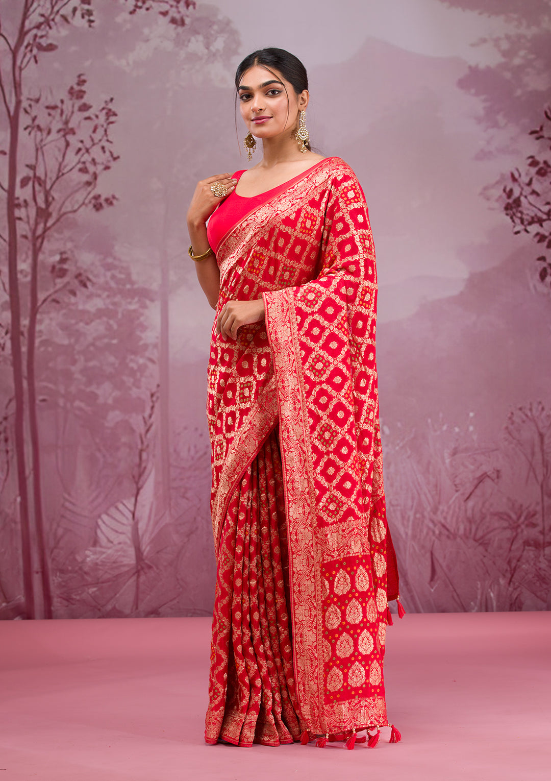 Red Silk Checks Gold Zariwork Saree With Matching Blouse Piece
