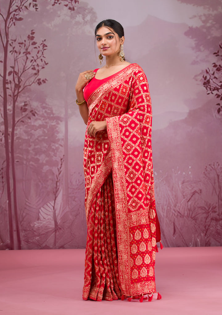 Red Silk Checks Gold Zariwork Saree With Matching Blouse Piece