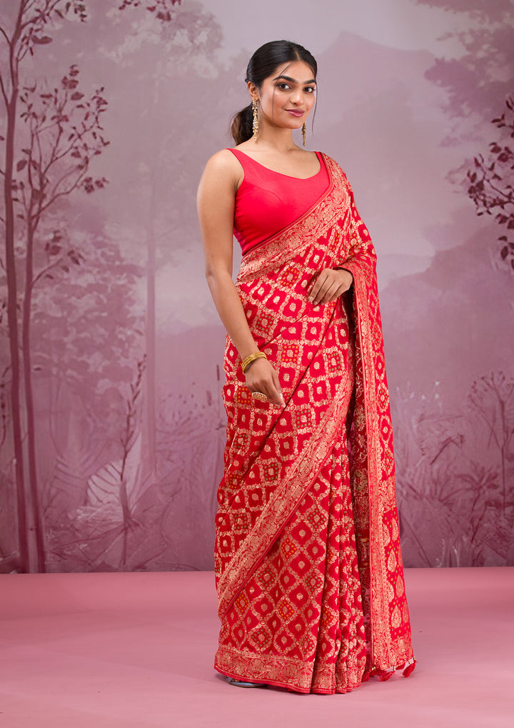 Red Silk Checks Gold Zariwork Saree With Matching Blouse Piece