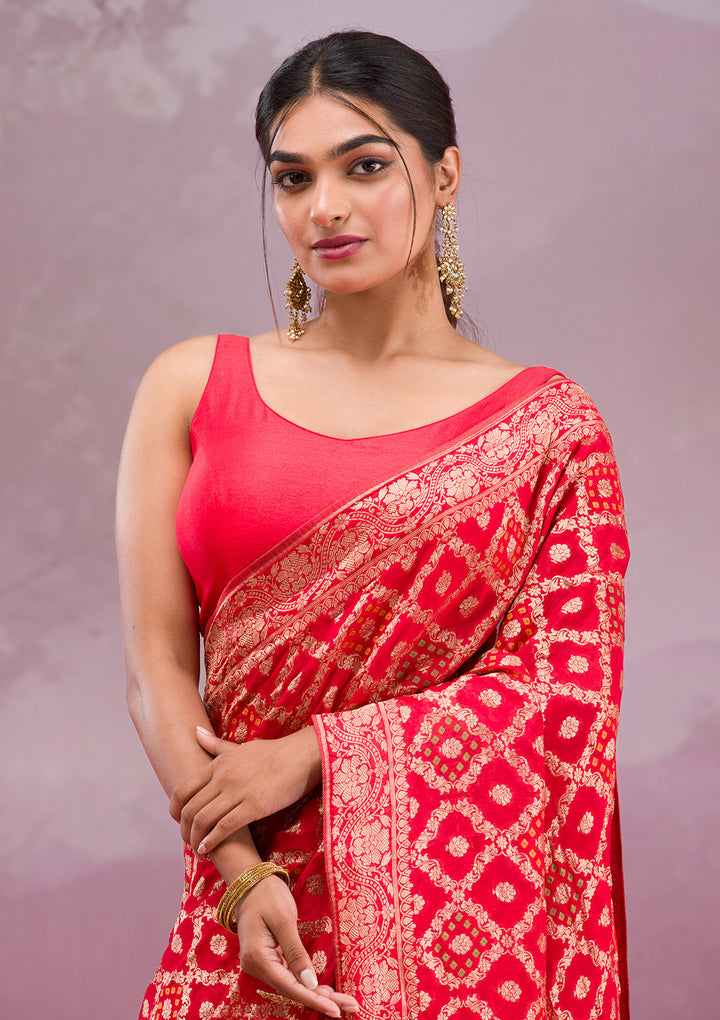 Red Silk Checks Gold Zariwork Saree With Matching Blouse Piece