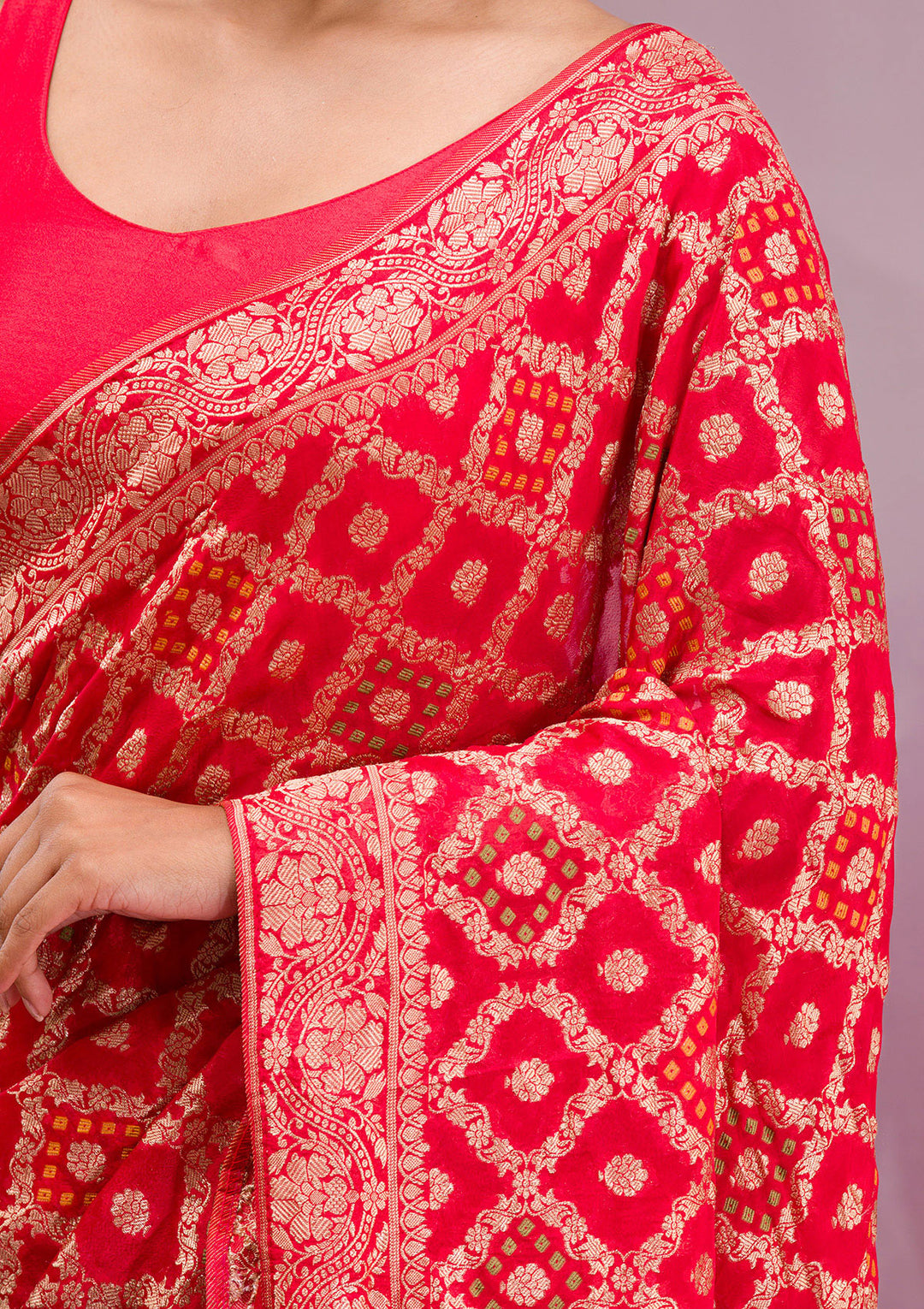 Red Silk Checks Gold Zariwork Saree With Matching Blouse Piece