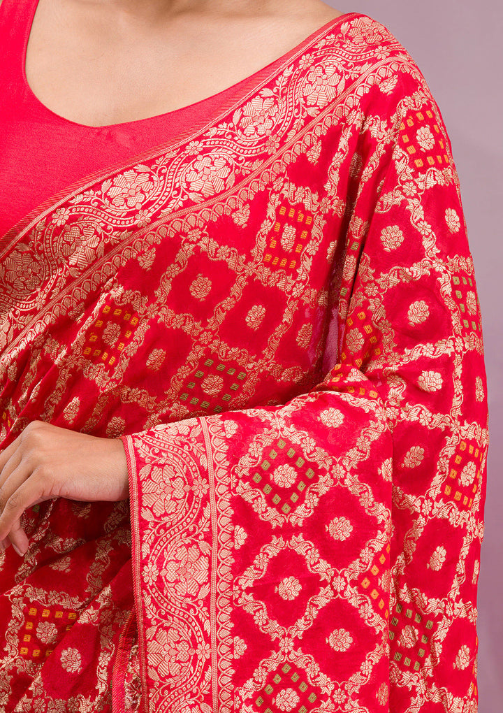 Red Silk Checks Gold Zariwork Saree With Matching Blouse Piece