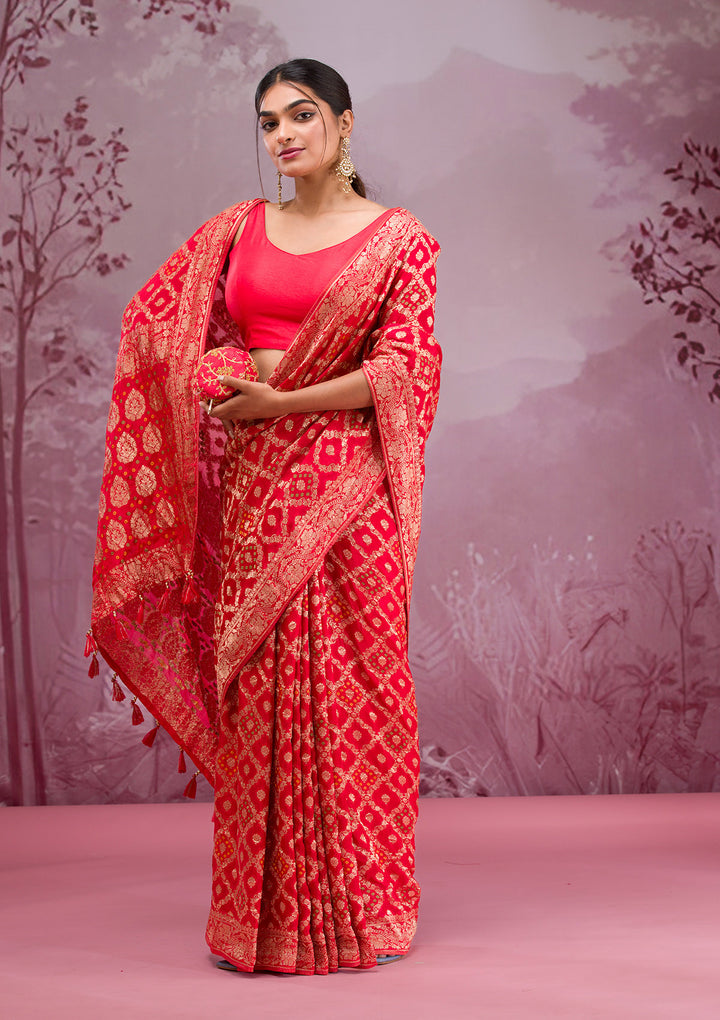 Red Silk Checks Gold Zariwork Saree With Matching Blouse Piece