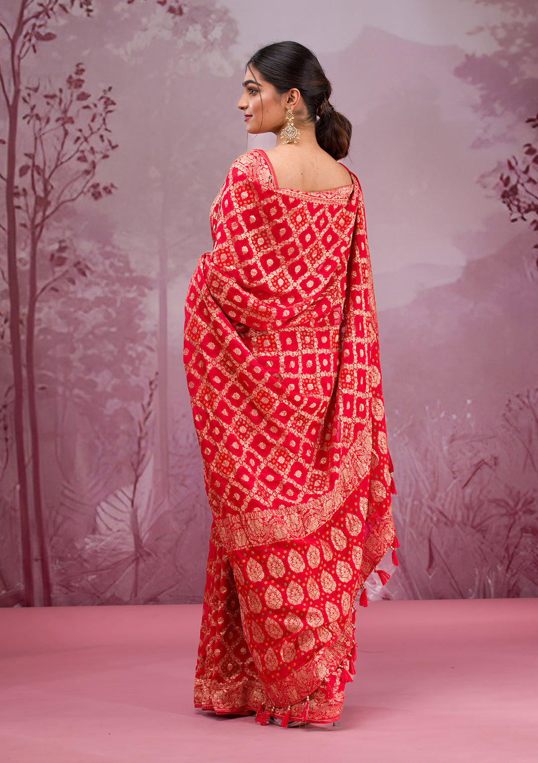 Red Silk Checks Gold Zariwork Saree With Matching Blouse Piece