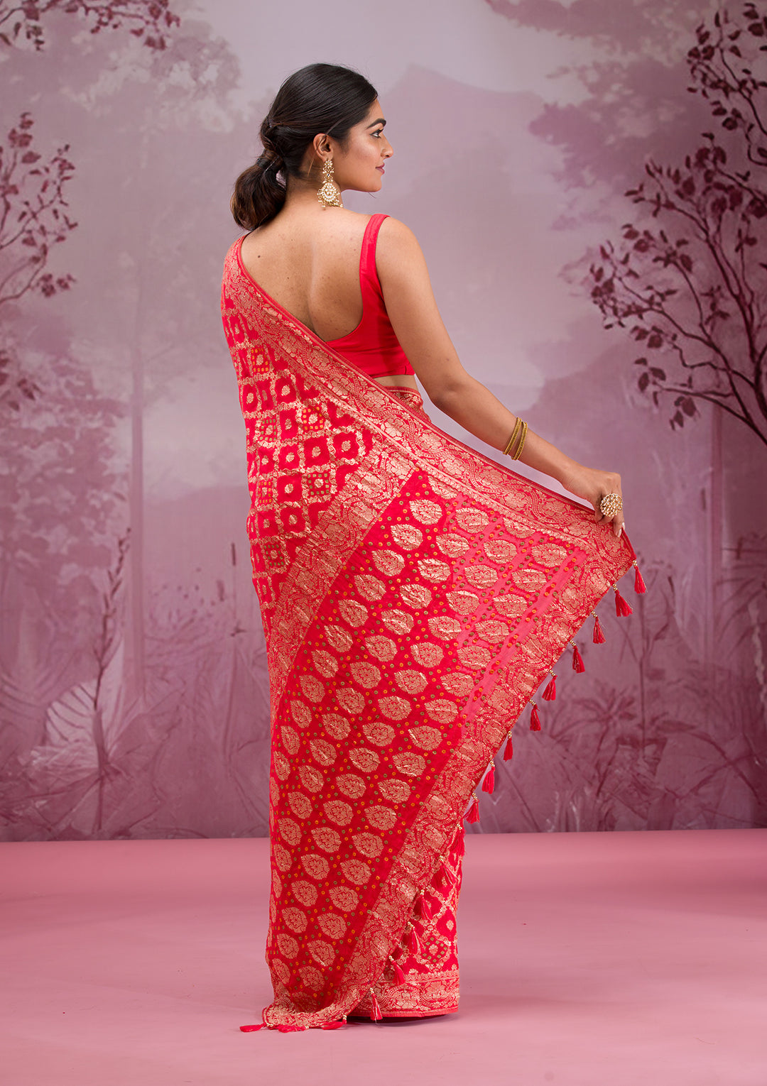 Red Silk Checks Gold Zariwork Saree With Matching Blouse Piece