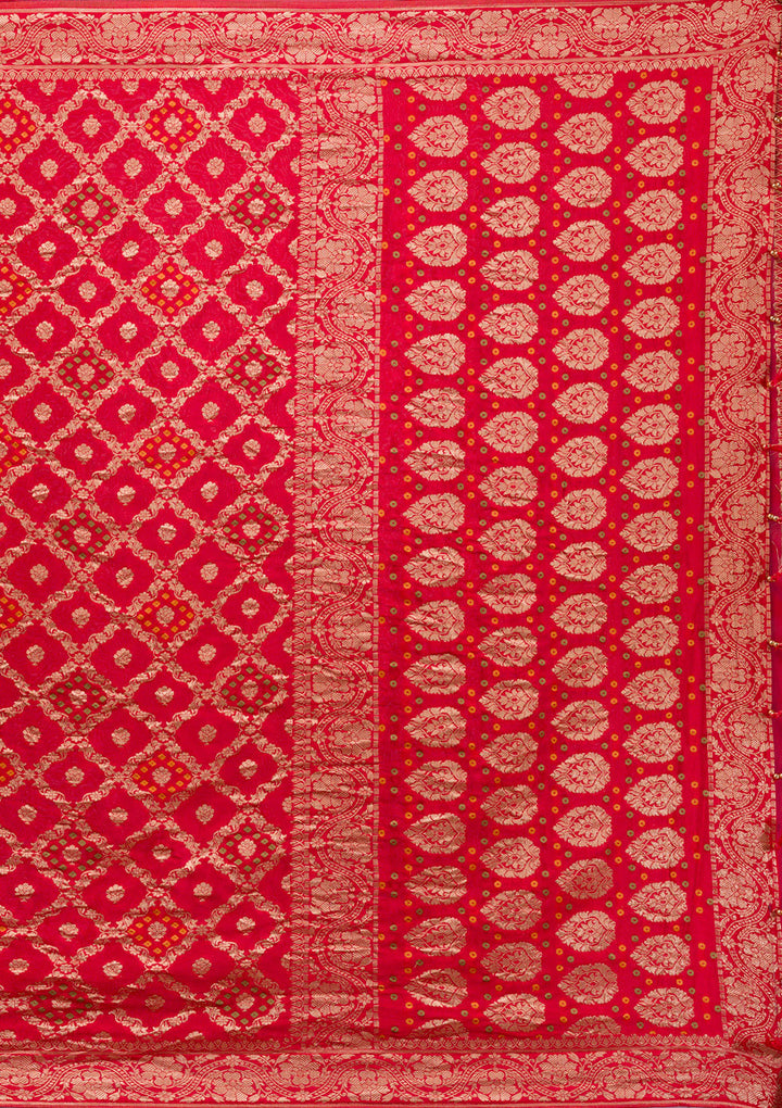 Red Silk Checks Gold Zariwork Saree With Matching Blouse Piece