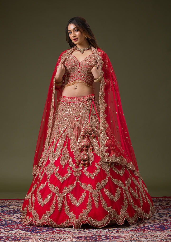 Red Zariwork Net Readymade Lehenga