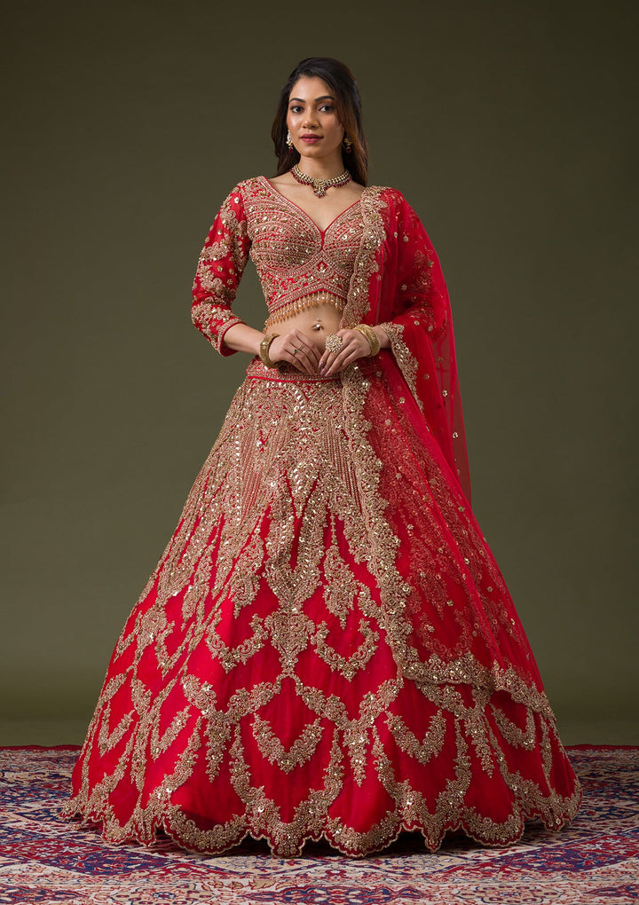 Red Zariwork Net Readymade Lehenga