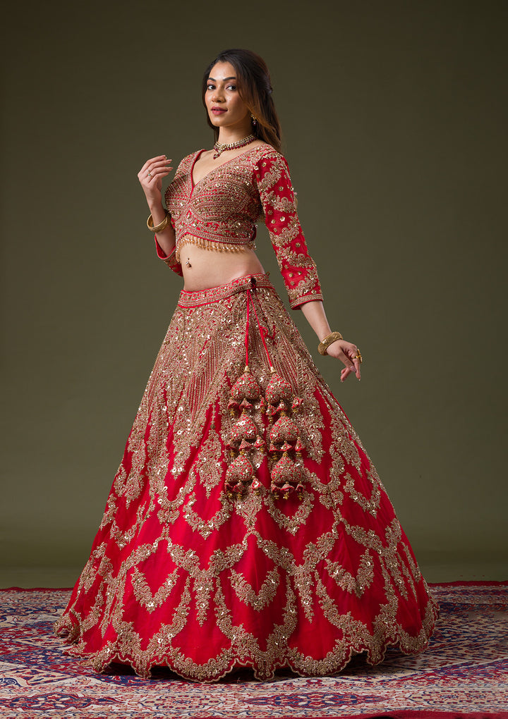 Red Zariwork Net Readymade Lehenga