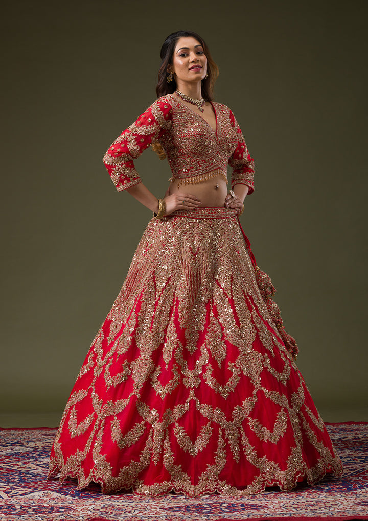 Red Zariwork Net Readymade Lehenga