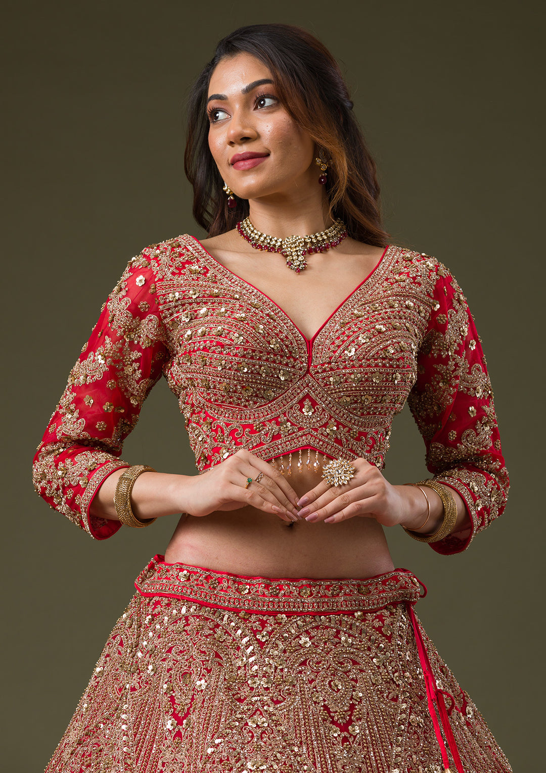 Red Zariwork Net Readymade Lehenga