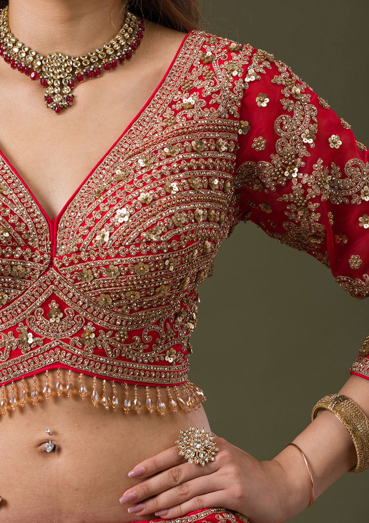 Red Zariwork Net Readymade Lehenga