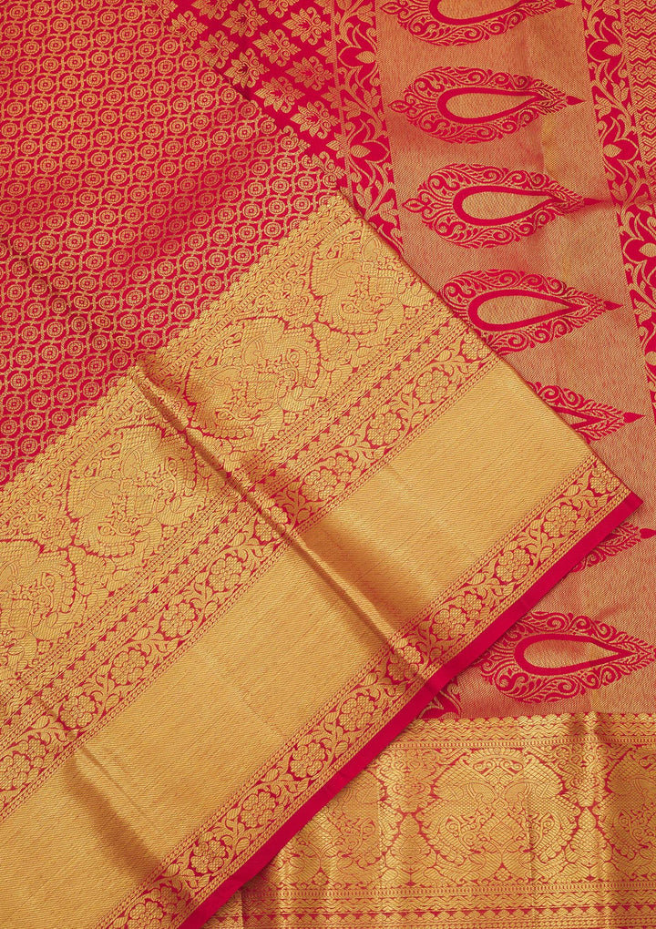 Red Silk Jaal Gold Zariwork Saree With Matching Blouse Piece