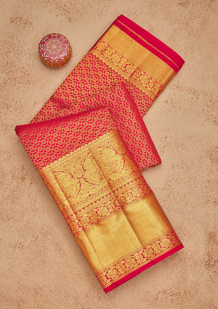 Red Silk Jaal Gold Zariwork Saree With Matching Blouse Piece