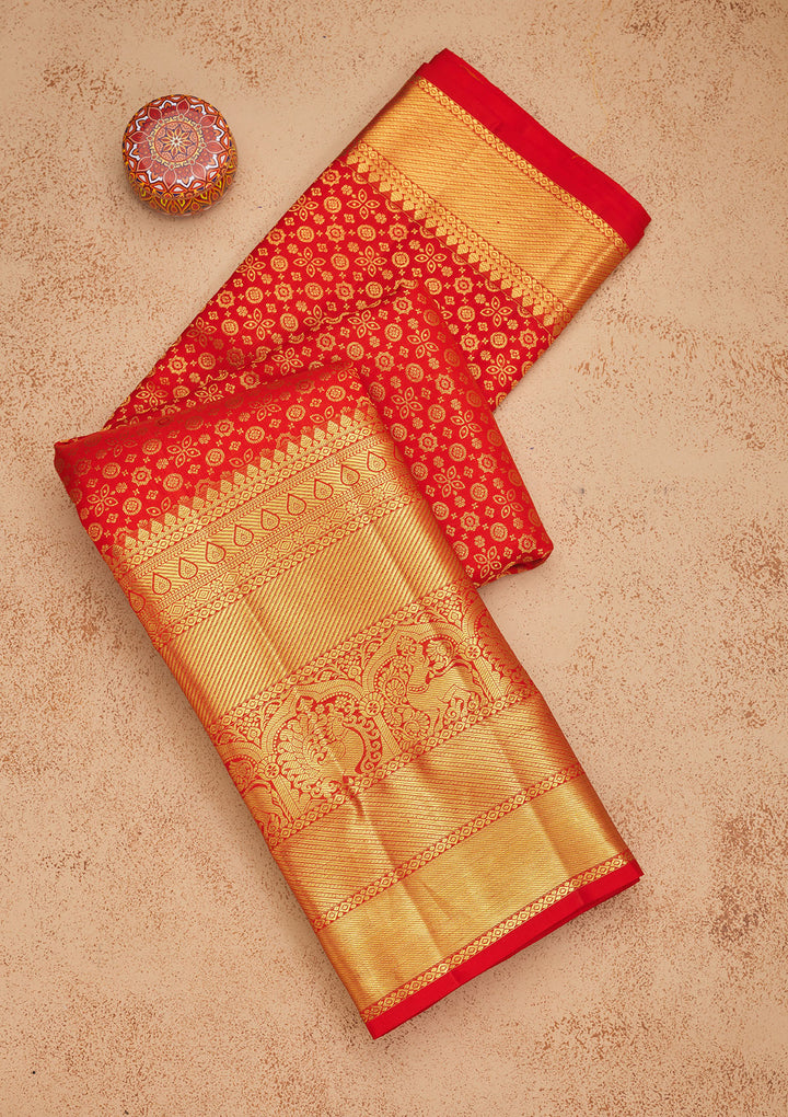 Red Silk Jaal Gold Zariwork Saree With Matching Blouse Piece