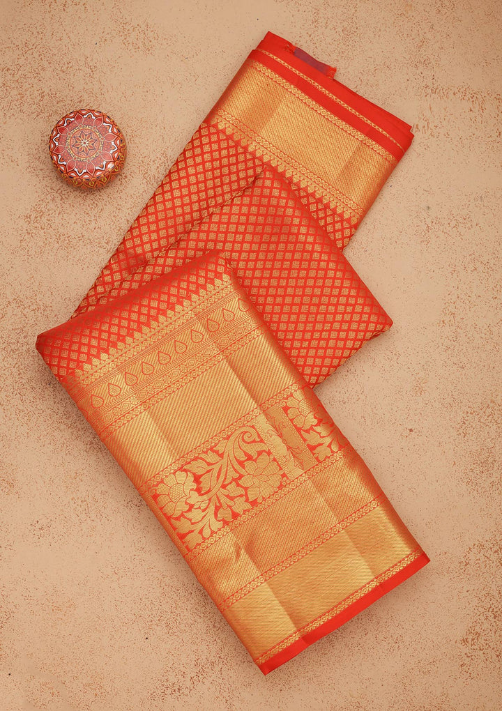 Red Silk Jaal Gold Zariwork Saree With Matching Blouse Piece