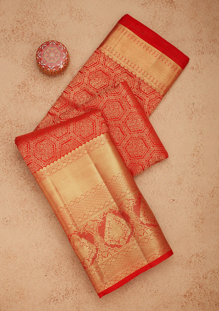 Red Silk Jaal Gold Zariwork Saree With Matching Blouse Piece