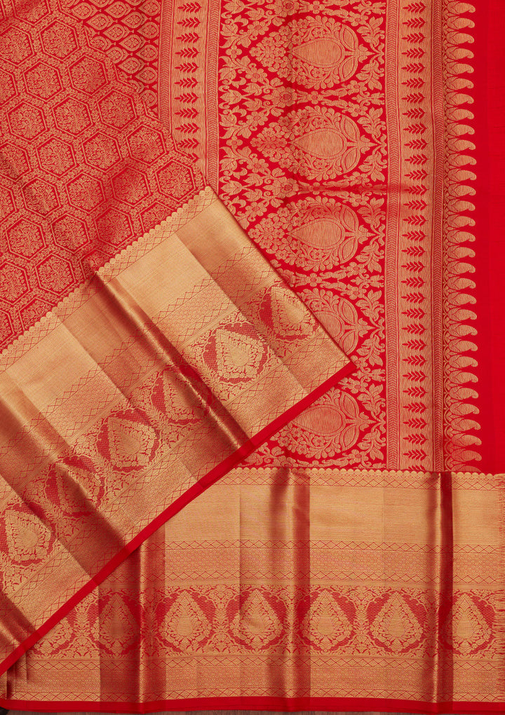 Red Silk Jaal Gold Zariwork Saree With Matching Blouse Piece