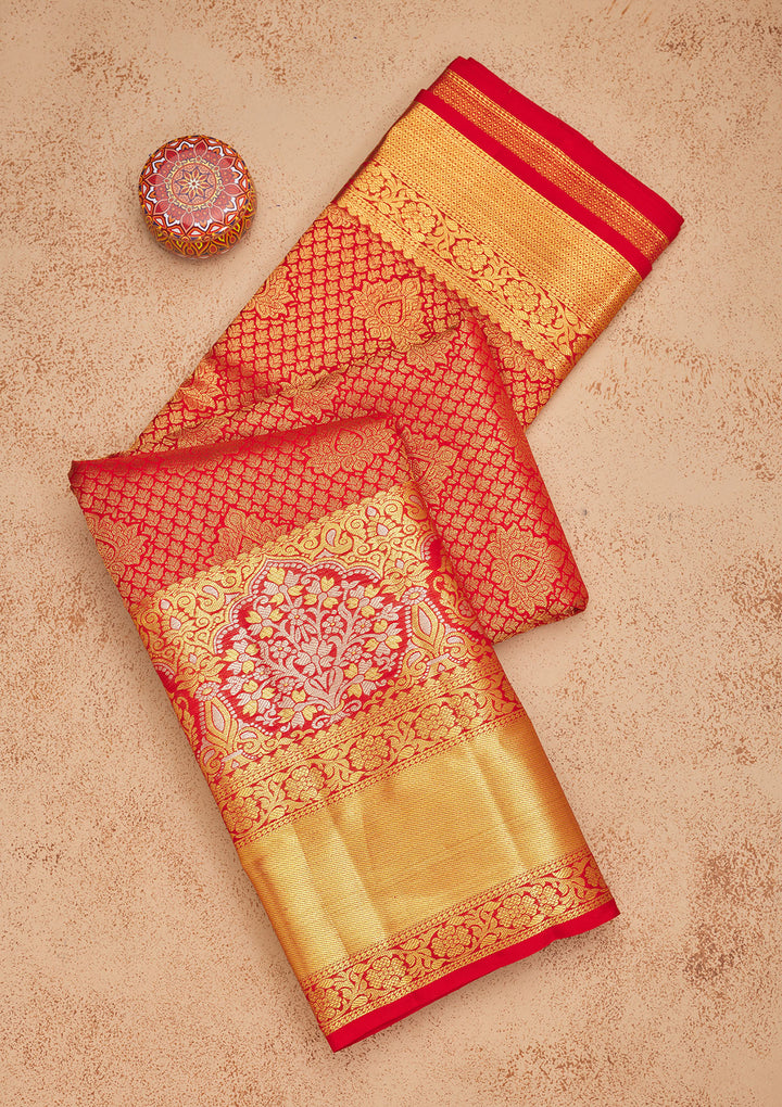 Red Silk Jaal Gold Zariwork Saree With Matching Blouse Piece