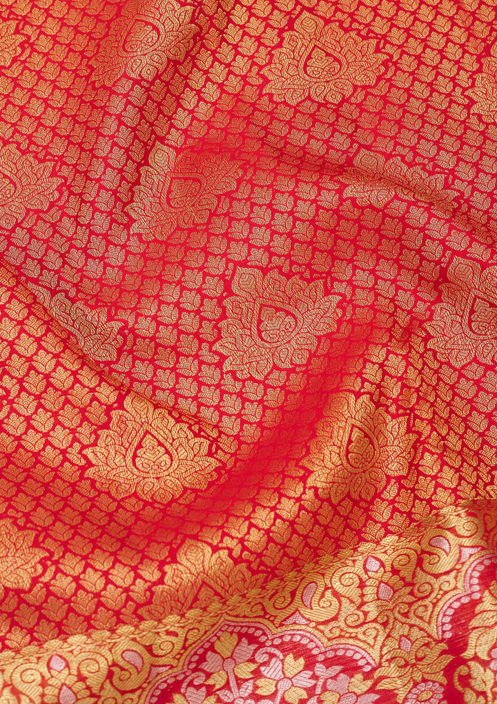 Red Silk Jaal Gold Zariwork Saree With Matching Blouse Piece
