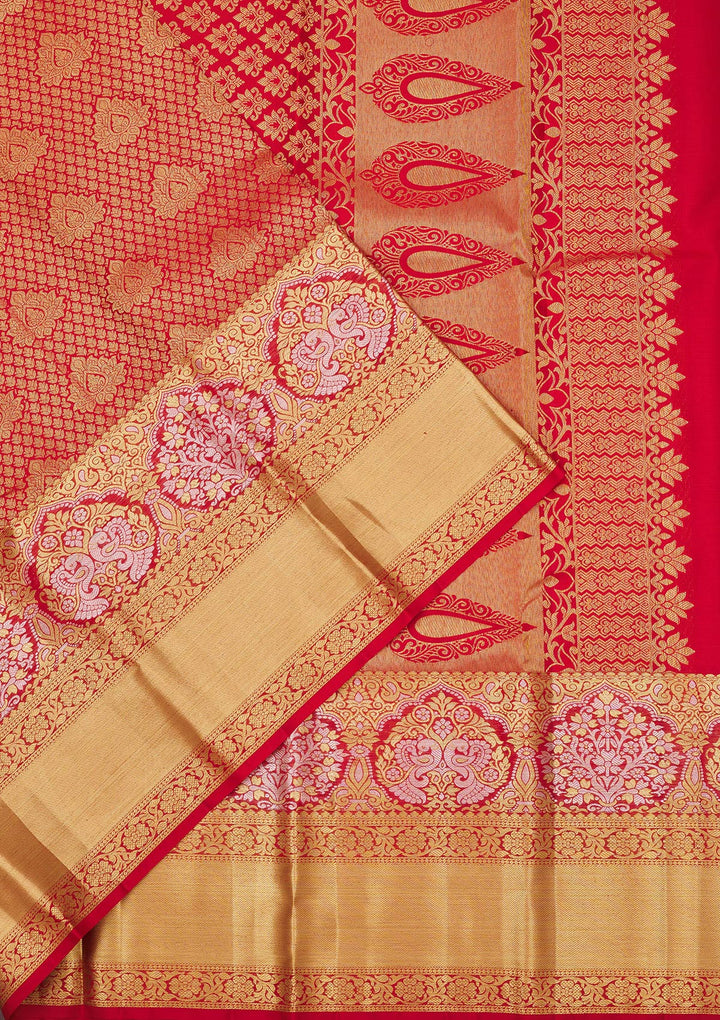 Red Silk Jaal Gold Zariwork Saree With Matching Blouse Piece