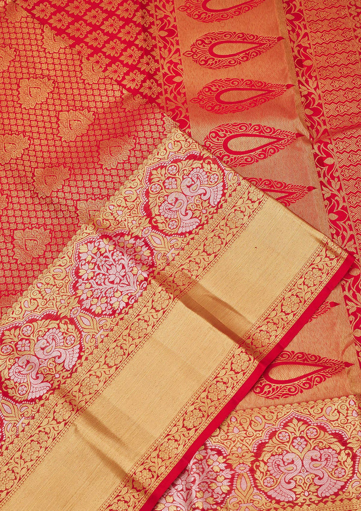 Red Silk Jaal Gold Zariwork Saree With Matching Blouse Piece
