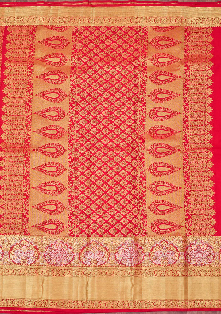 Red Silk Jaal Gold Zariwork Saree With Matching Blouse Piece